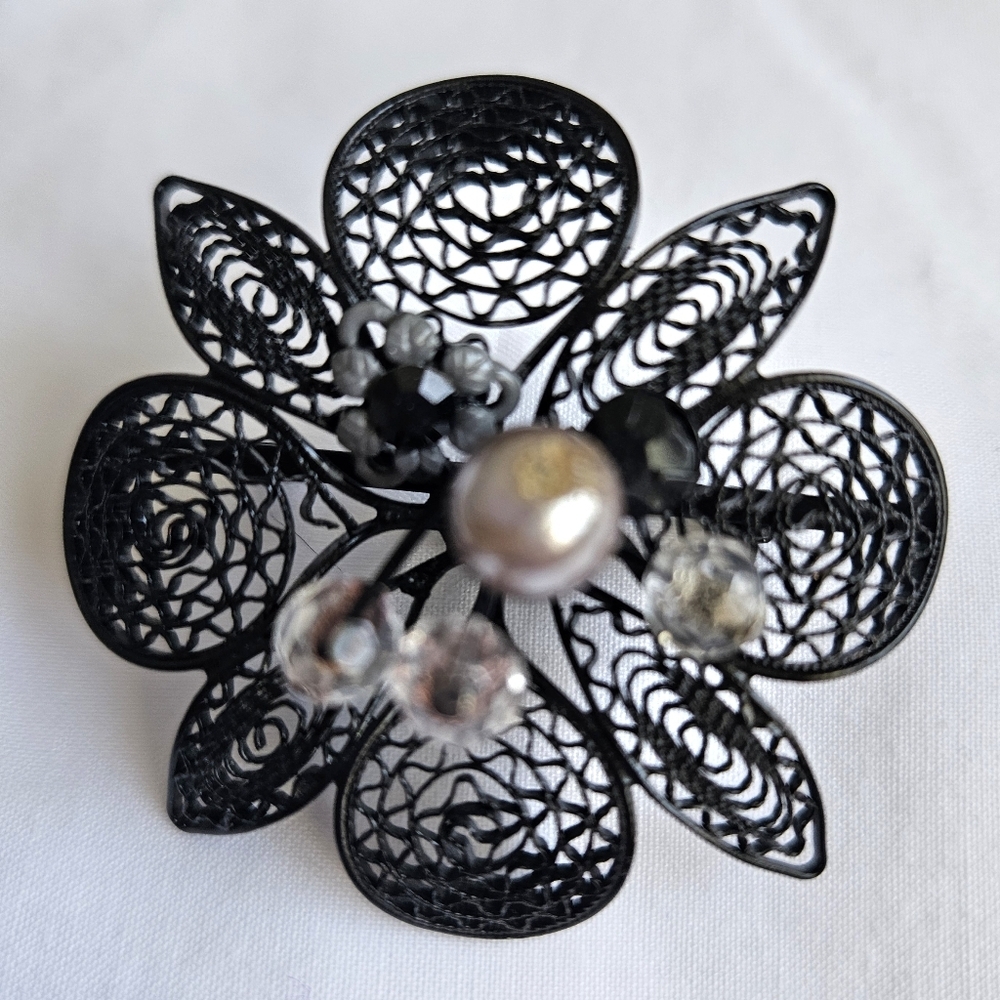 Black Flower Filagree Lacey Brooch With Beads Lightweight 2" Vintage
